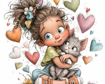 12 PNG Girl with Kitten Clipart – Cute Child PNG – Heart Illustration for Stickers, Cards, Nursery Wall Art, Valentine Designs