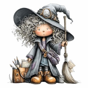 May include: A whimsical illustration of a witch with curly gray hair, wearing a gray hat and coat, holding a broom. She has a satchel and a brown leather bag with pencils and papers. The witch is wearing brown boots.