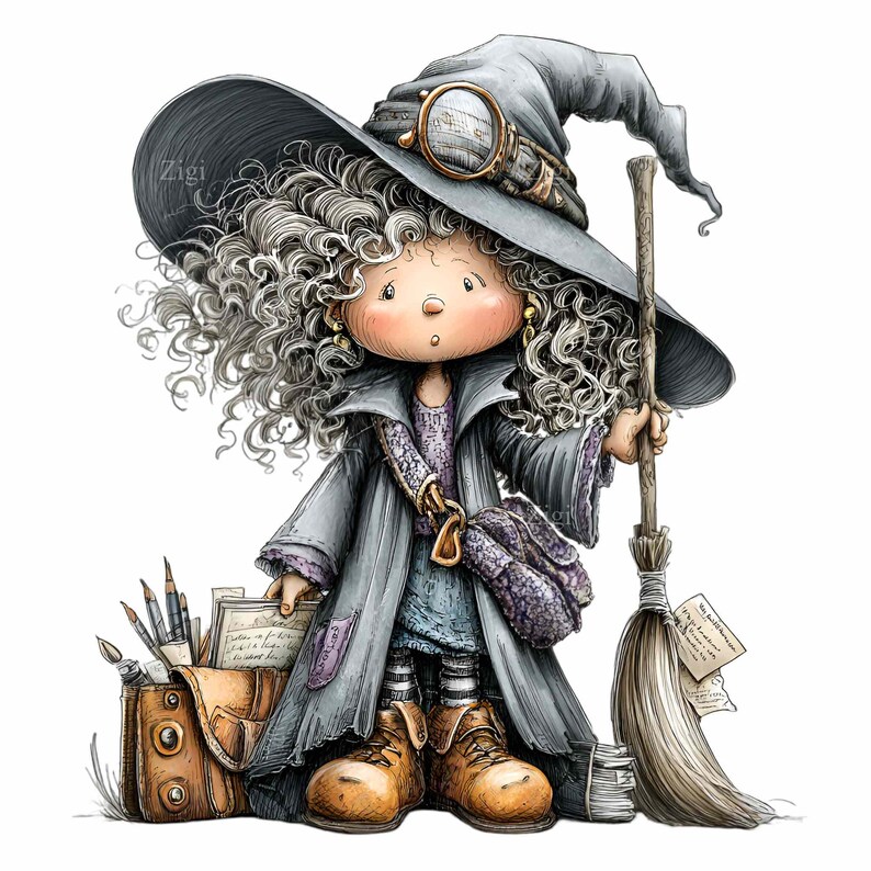 May include: A whimsical illustration of a witch with curly gray hair, wearing a gray hat and coat, holding a broom. She has a satchel and a brown leather bag with pencils and papers. The witch is wearing brown boots.