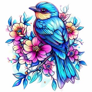16 imágenes prediseñadas de aves florales JPEG: diseño JPG azul vibrante: impresión natural colorida para arte mural de primavera, decoración de jardín o tarjetas de felicitación