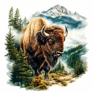 16 imágenes prediseñadas de bisonte de montaña en formato JPEG: JPG de animales salvajes para arte mural rústico, decoración de vida silvestre, impresiones de cabañas, diarios de naturaleza y manualidades digitales.