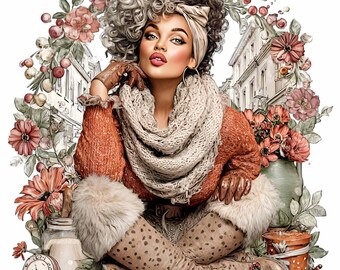 12 imágenes prediseñadas PNG de mujer a la moda, chica urbana de otoño con cabello rizado y flores