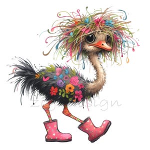 Colorful Ostrich Clipart - 12 Floral and Funky Design with Boots - Vibrant PNG Illustration for DIY Projects