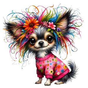 15 Colorful chihuahua PNG – cute dog clipart with rainbow hair and flowers – fun pet art for birthday cards, crafts, or dog mom gifts