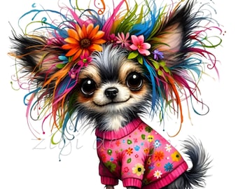 15 Colorful chihuahua PNG – cute dog clipart with rainbow hair and flowers – fun pet art for birthday cards, crafts, or dog mom gifts