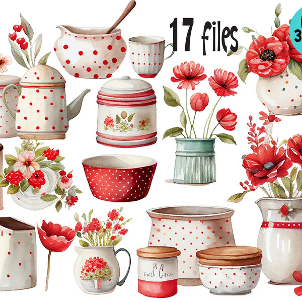 Cottage Kitchen Clipart, Watercolor Rustic Pottery Red Poppies Printable Digital Download, Sublimation PNG