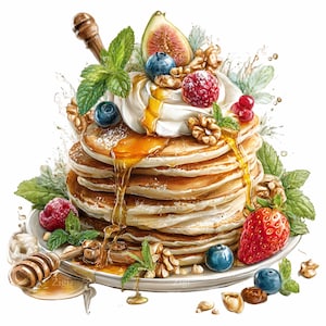 Könnte beinhalten: Ein Stapel goldener Pfannkuchen, beträufelt mit Honig, belegt mit Schlagsahne, frischen Beeren, Walnüssen und einer Feigenscheibe. Minzzweige und ein hölzerner Honiglöffel ergänzen die Präsentation. Die Pfannkuchen liegen auf einem weißen Teller.