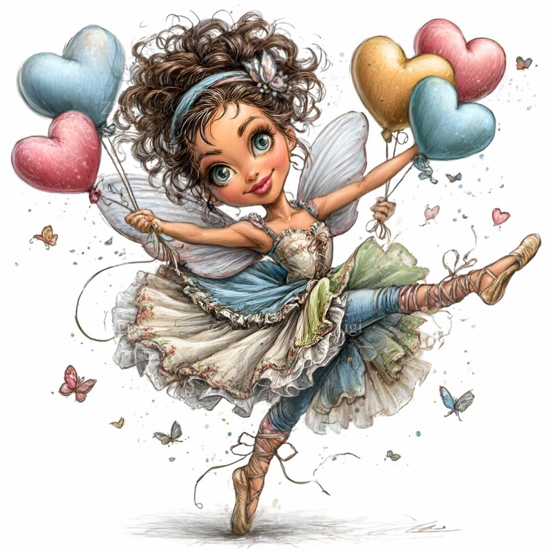 May include: A whimsical illustration of a fairy ballerina holding heart-shaped balloons. The fairy wears a blue and white dress with floral accents, ballet shoes, and wings. Butterflies and heart confetti surround the fairy, creating a joyful and enchanting scene.