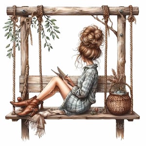 12 lecture fille Clipart PNG, balançoire rustique avec femme amoureuse des livres, téléchargement numérique