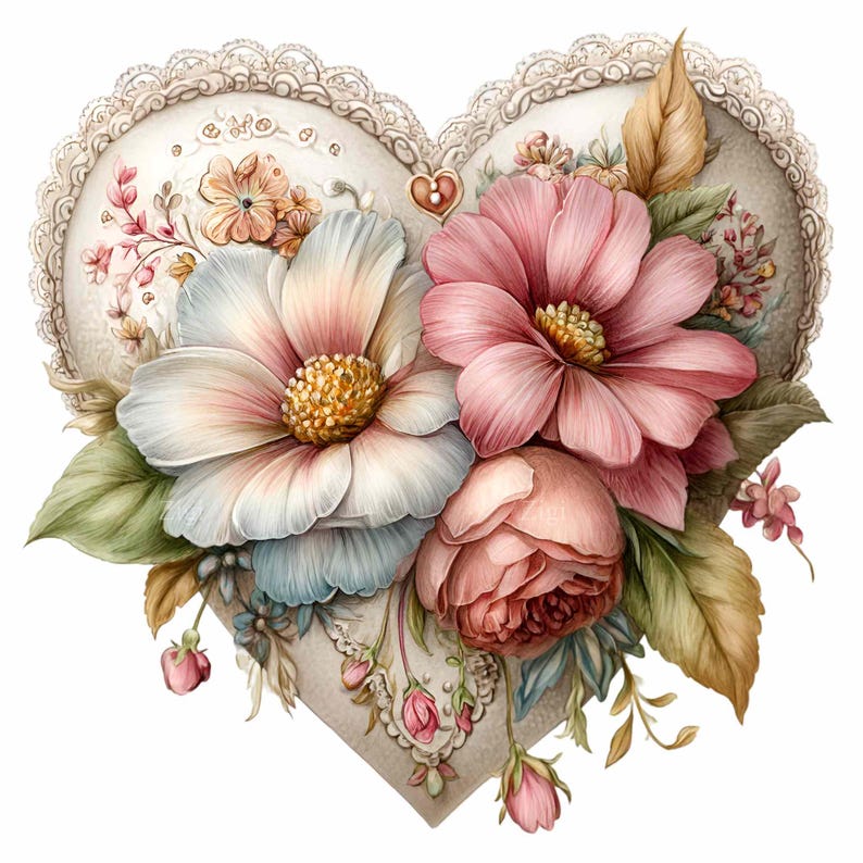 15 PNG Floral Heart Clipart – Vintage Flowers PNG – Romantic Lace ...