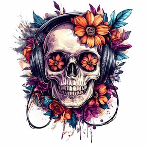 15 Teschio floreale con cuffie PNG, Clipart teschio musicale colorato, Illustrazione estetica del rock gotico e del giorno dei morti