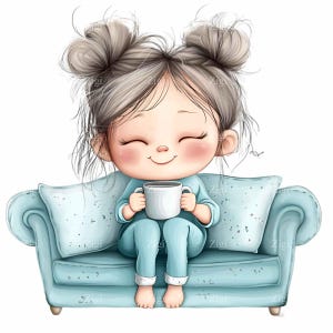 以下が含まれることがあります： 薄い青色のソファに座って白いマグカップを持っている、灰色の髪とツインテールをした女の子の漫画のイラスト。彼女は薄い青色のパジャマの上とズボンを着ています。
