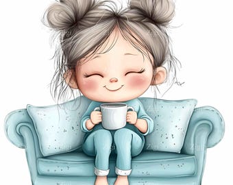 12 PNG Girl Coffee Clipart – Morning Child Illustration, Smiling Cartoon with Mug