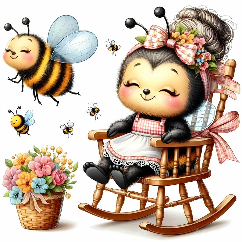 Vee Bee Rocking Chair 12 JPEG Cute Bee Clipart in Rocking Chair With Apron & Bow, Floral ...