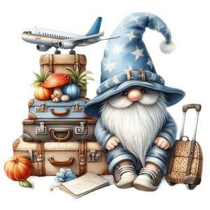 10 Travel Gnome PNG Clipart - Cappello stellato, Bagaglio, Aereo e Funghi - Whimsical Adventure Digital Art