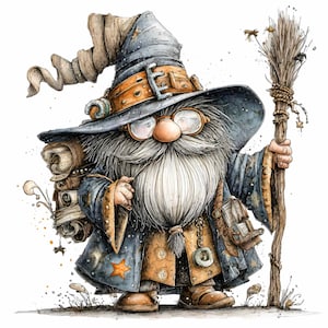 May include: Watercolor illustration of a wizard gnome with a long white beard, wearing a blue hat and robe. The gnome has round glasses, a brown satchel, and a broom. The gnome is holding a scroll and has a star on the robe.