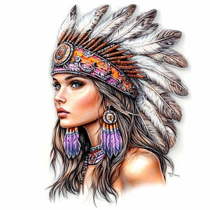 16 imágenes prediseñadas de mujer tribal con tocado de plumas, retrato en formato JPEG, hermoso arte femenino estilo guerrero para sublimación y diseño imprimible.