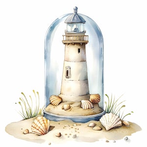 20 JPEG Faro con cupola in vetro – Clipart JPG nautico – Design di decorazioni costiere per pareti di case sulla spiaggia o stampe estive a tema oceanico