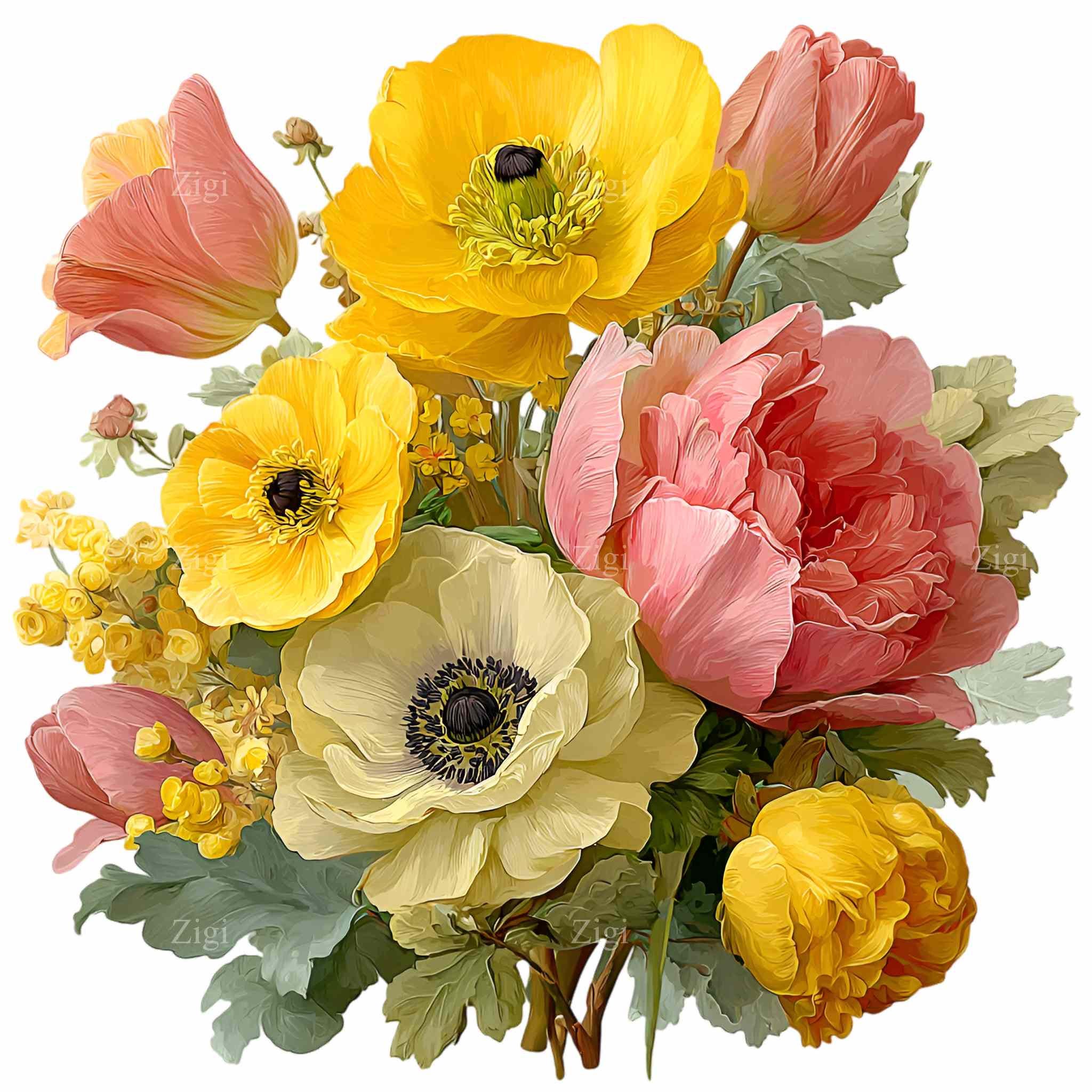 15 PNG Watercolor Flower Bouquet Clipart, Botanical Spring Floral ...