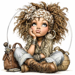 Puede incluir: Ilustración de un personaje de dibujos animados con cabello rizado castaño, que lleva un pañuelo con estampado de leopardo, aros y pulseras. El personaje viste una camisa color beige, pantalones azul claro y botas marrones. Un neceser de maquillaje de cuero marrón y un bolso de mimbre están cerca.