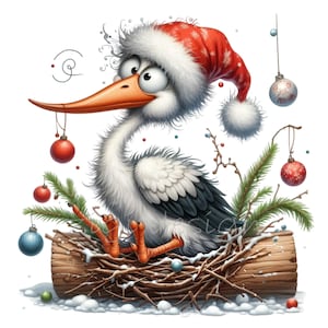 15 PNG drôles de cigognes de Noël - Père Noël clipart avec ornements et nid de neige - Art animalier de vacances pour cartes, tasses, impressions, travaux manuels