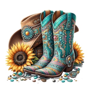 10 Western Boots and Hat PNG Clipart, Turquoise Cowgirl Boots with Sunflowers, Country Style Digital Download