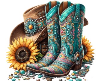 10 PNG Western-Stiefel und Hut Clipart - Sunflower Cowgirl PNG für Bauernhausdekor, Landhandwerk, Sublimation und Aufkleber