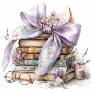 Può includere: Una pila di libri d'epoca legati con un grande nastro di seta lilla adornato con decorazioni floreali. I libri hanno copertine invecchiate in vari colori e un paio di occhiali rotondi poggiano vicino alla base. Un piccolo flacone di profumo e rametti di lavanda completano la scena.