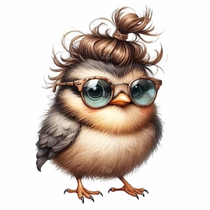 12 PNG de pollitos de moda - Pájaro lindo con gafas y peinado de moño desordenado - Descarga digital de animales hipsters divertidos