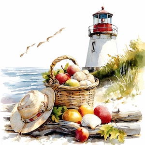 12 JPEG Strand Picknick Clipart - Leuchtturm und Obstkorb JPG - Küstensommer Druck für Küchendekor am Meer oder saisonale Wandgestaltung