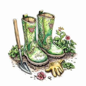May include: A pair of green rubber boots with a floral pattern, a small shovel, a pair of yellow gardening gloves, and green plants.