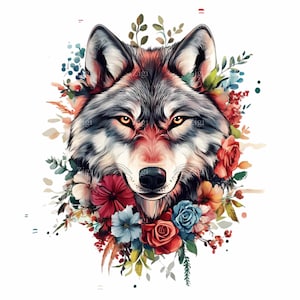 12 imágenes prediseñadas de lobo floral PNG: lobo majestuoso rodeado de flores de colores: diseño artístico de vida silvestre