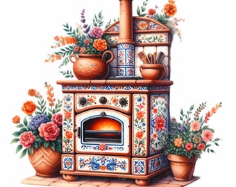 12 PNG Estufa de cocina floral, imágenes prediseñadas de horno de arte popular, cocina rústica