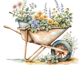 15 PNG Spring Floral Wheelbarrow Clipart – Gardening Flowers PNG – Watercolor Garden Art for Cards, Stickers, Scrapbooking & Sublimation