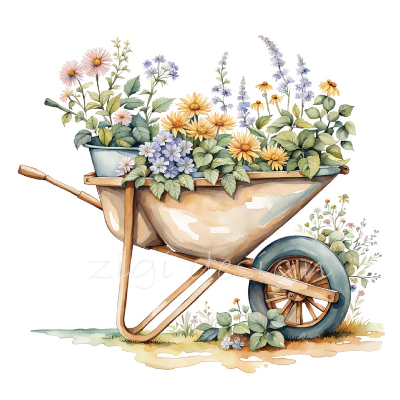 Spring Floral Wheelbarrow Clipart – Gardening Flowers PNG – Watercolor Garden Art for Cards, Stickers, Scrapbooking & Sublimation