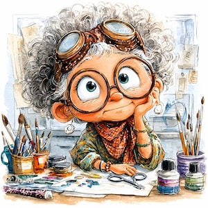 May include: Watercolor illustration of a whimsical artist with curly gray hair, large glasses, and goggles. She is leaning on her hand, surrounded by art supplies like paintbrushes, ink bottles, and paint tubes. A colorful scarf and patterned shirt add detail.