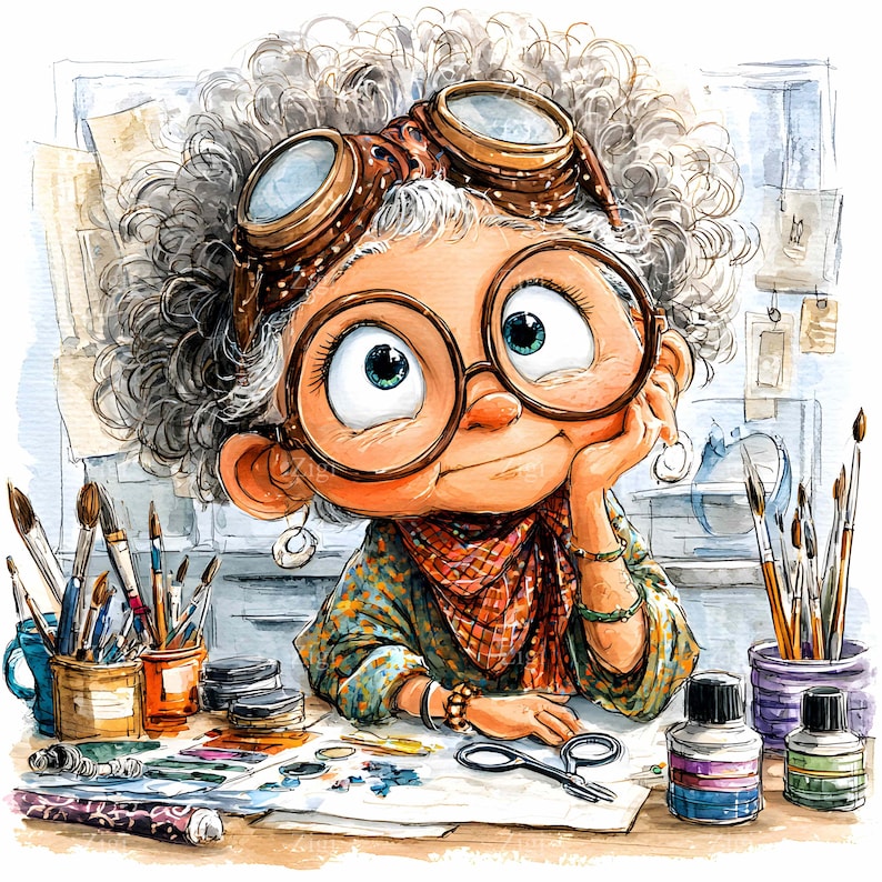 May include: Watercolor illustration of a whimsical artist with curly gray hair, large glasses, and goggles. She is leaning on her hand, surrounded by art supplies like paintbrushes, ink bottles, and paint tubes. A colorful scarf and patterned shirt add detail.