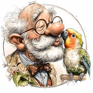 10 PNG Grandpa and parrot – Whimsical bird kiss PNG clipart – Cute pet lover art for greeting cards, wall decor and animal-themed crafts