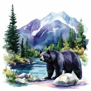 16 JPEG Black Bear Mountain JPG Clipart - Art numérique aquarelle ours - Illustration de scène de forêt animalière JPEG