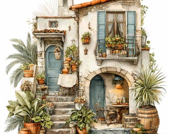 12 PNG Mediterranean House Italian Villa Watercolor Clipart