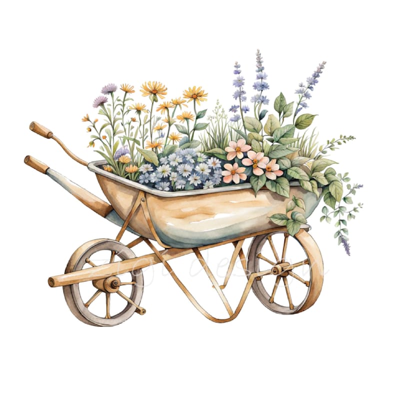 May include: A vintage-style wheelbarrow filled with a variety of colorful flowers, including lavender, blue, pink, and yellow. The wheelbarrow is made of metal and has a wooden handle.