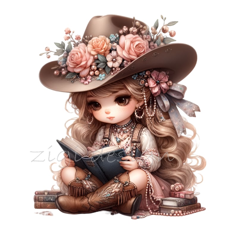 floral cowgirl clipart - cute western girl PNG for kids crafts, nursery art, invitations, sublimation and digital design projects