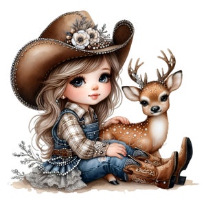 15 PNG Ragazza western con clipart di cervi – PNG di campagna – Simpatica scena rustica per stampe per bambini, arte per bambini nei boschi, decorazioni per fattoria e artigianato