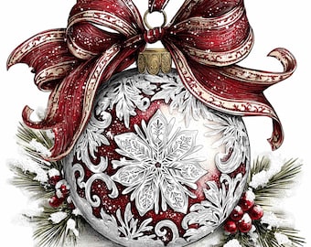 May include: A detailed illustration of a Christmas ornament. The ornament is red with white snowflake and floral designs. A large red bow with white trim sits atop the ornament. Pine needles and red berries are at the base of the ornament.