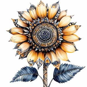 12 imágenes prediseñadas de girasoles intrincados, girasoles decorativos con patrones detallados, descarga digital para decoración de arte natural
