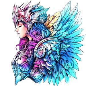 16 imágenes prediseñadas de mujer guerrera de fantasía en formato JPEG, ilustración de caballero alado, arte digital de valquiria para impresiones y sublimación
