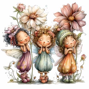 Könnte beinhalten: Eine bezaubernde Illustration zeigt drei feenartige Figuren mit geschlossenen Augen, die ihre Gesichter auf ihren Händen abstützen. Sie tragen farbenfrohe Kleider, haben lockiges Haar, Flügel und sind von großen Blumen umgeben. Das Kunstwerk hat einen weichen Aquarellstil mit einer verträumten Ästhetik.