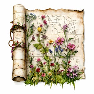 28 imágenes prediseñadas de mapas florales JPEG / Mapa vintage enrollado con flores silvestres y vides que crecen sobre papel / Ilustración botánica de viaje
