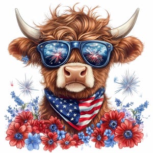 10 imágenes PNG de vacas de las Tierras Altas Patrióticas: pañuelo con la bandera de EE. UU., gafas de sol con fuegos artificiales, flores rojas, blancas y azules – Arte del 4 de julio