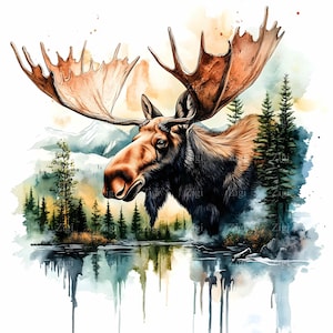 16 Clipart JPEG di alci nella foresta – Maestoso animale del bosco JPG – Arte murale rustica della natura per l'arredamento di baite o stampe di animali selvatici di montagna